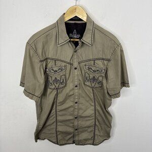Roar Men L Embroidered Short Sleeve Short Green Gray Fleur De Lis